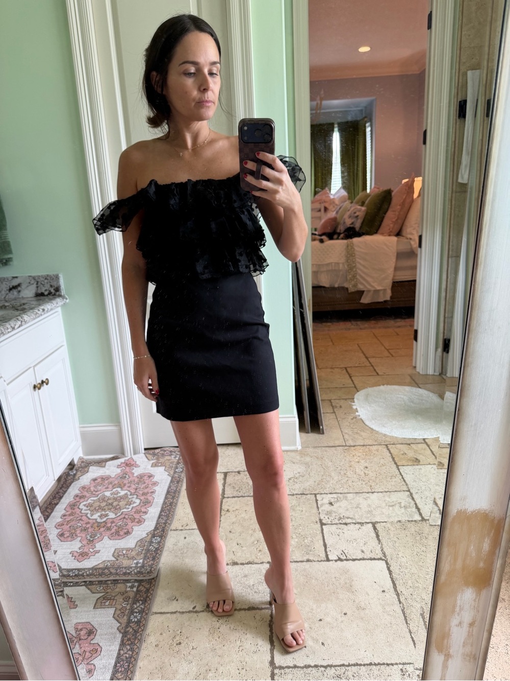 ZARA Black Off-Shoulder Ruffle Mini Dress with polka dots on upper